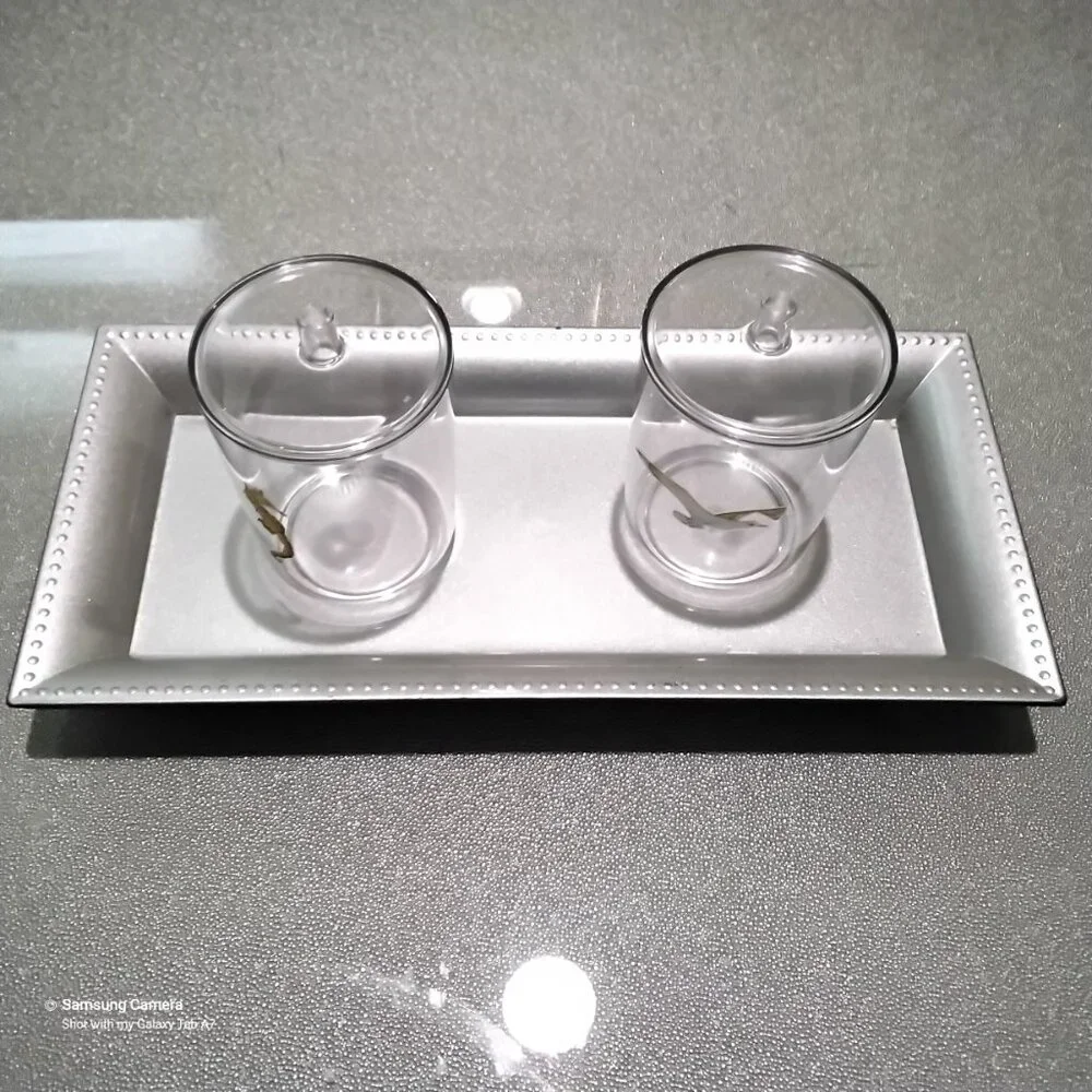Bathroom Vanity Mattt Silver Tray, 2 Ocean Themed Q-Tip, Cotton Ball Containers
